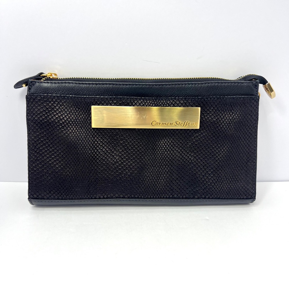 Carmen Steffens Black Snakeskin Leather Clutch Gold Wrist Chain Luxe Glam Chic